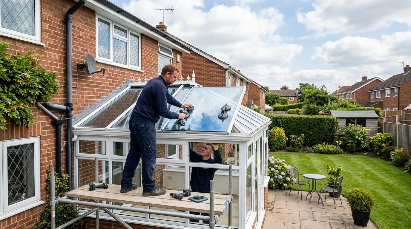 Installers fitting the glazed roof of a new conservatory on a London home