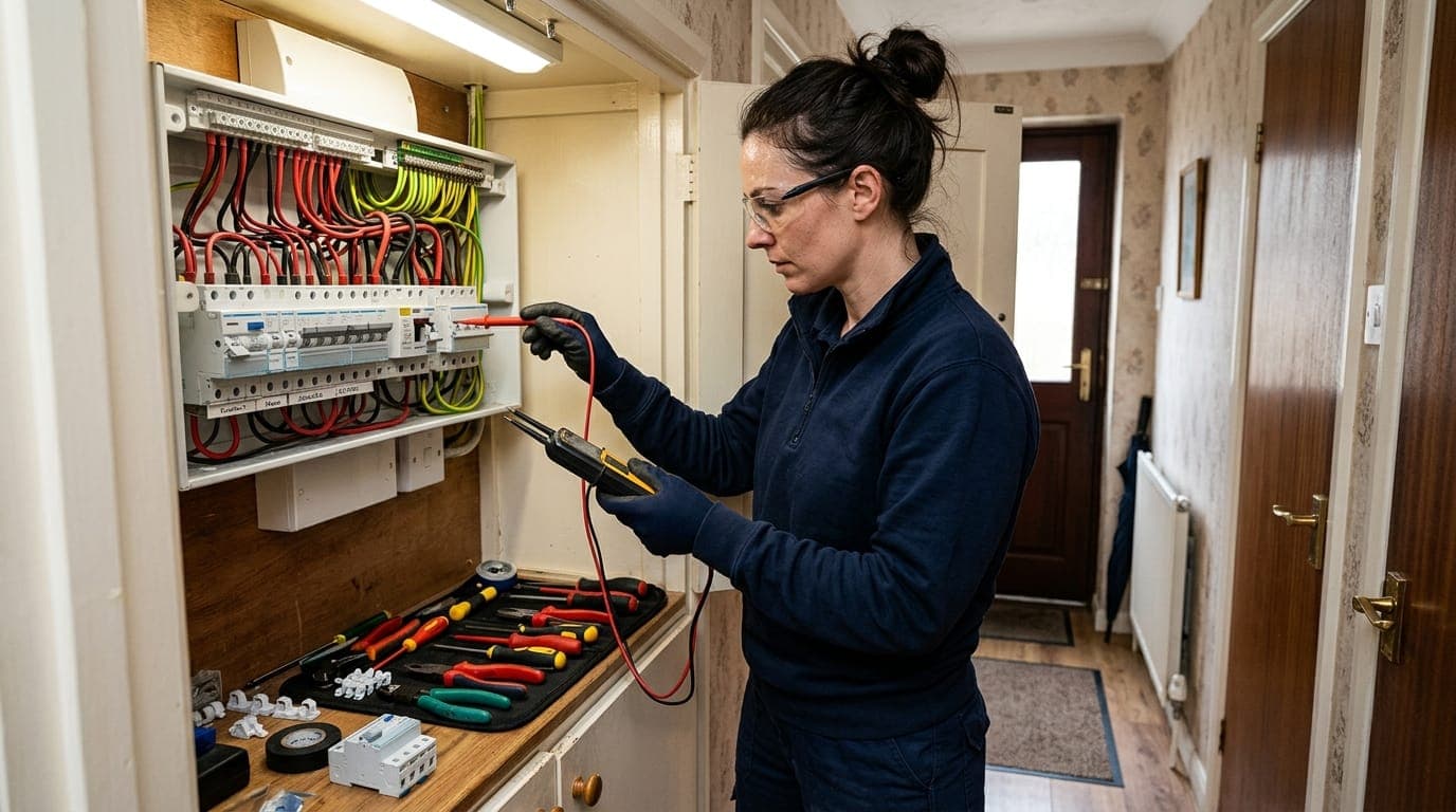 Vetted electrician testing circuits on a consumer unit in a London property