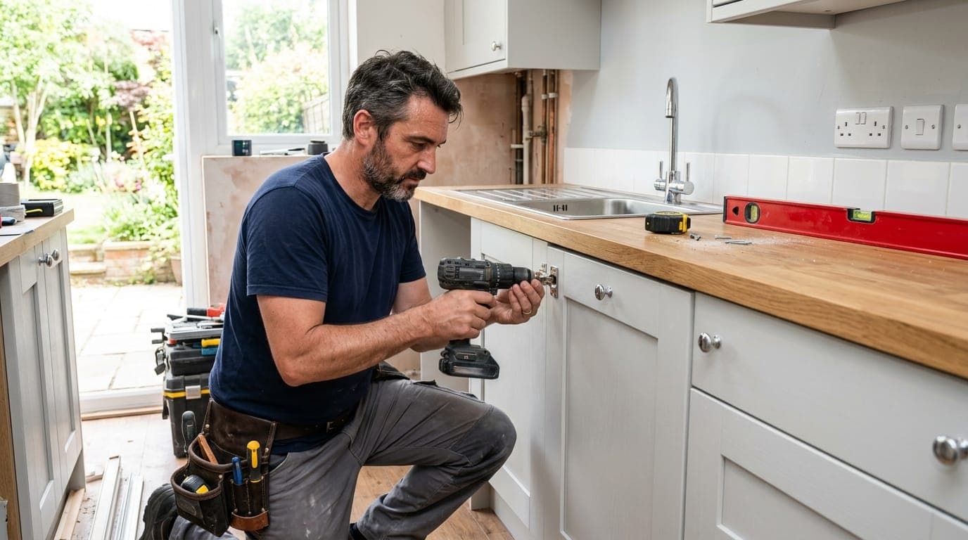 Kitchen fitter installing shaker-style cabinet doors in a London home refurbishment