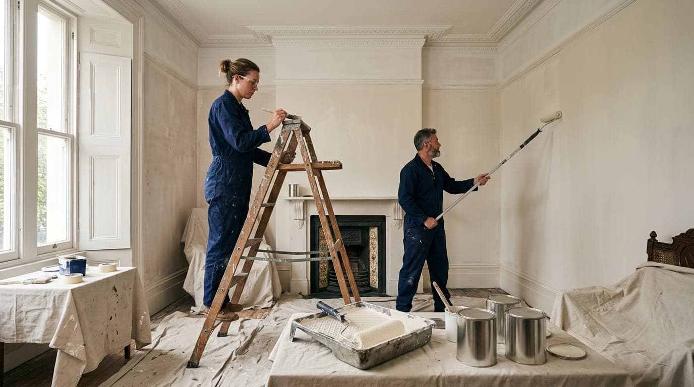 Two decorators painting the walls of a London period living room