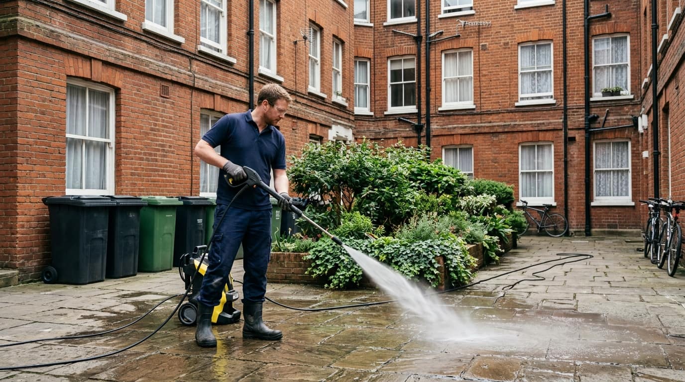 Property maintenance operative jet washing the courtyard of a London housing block
