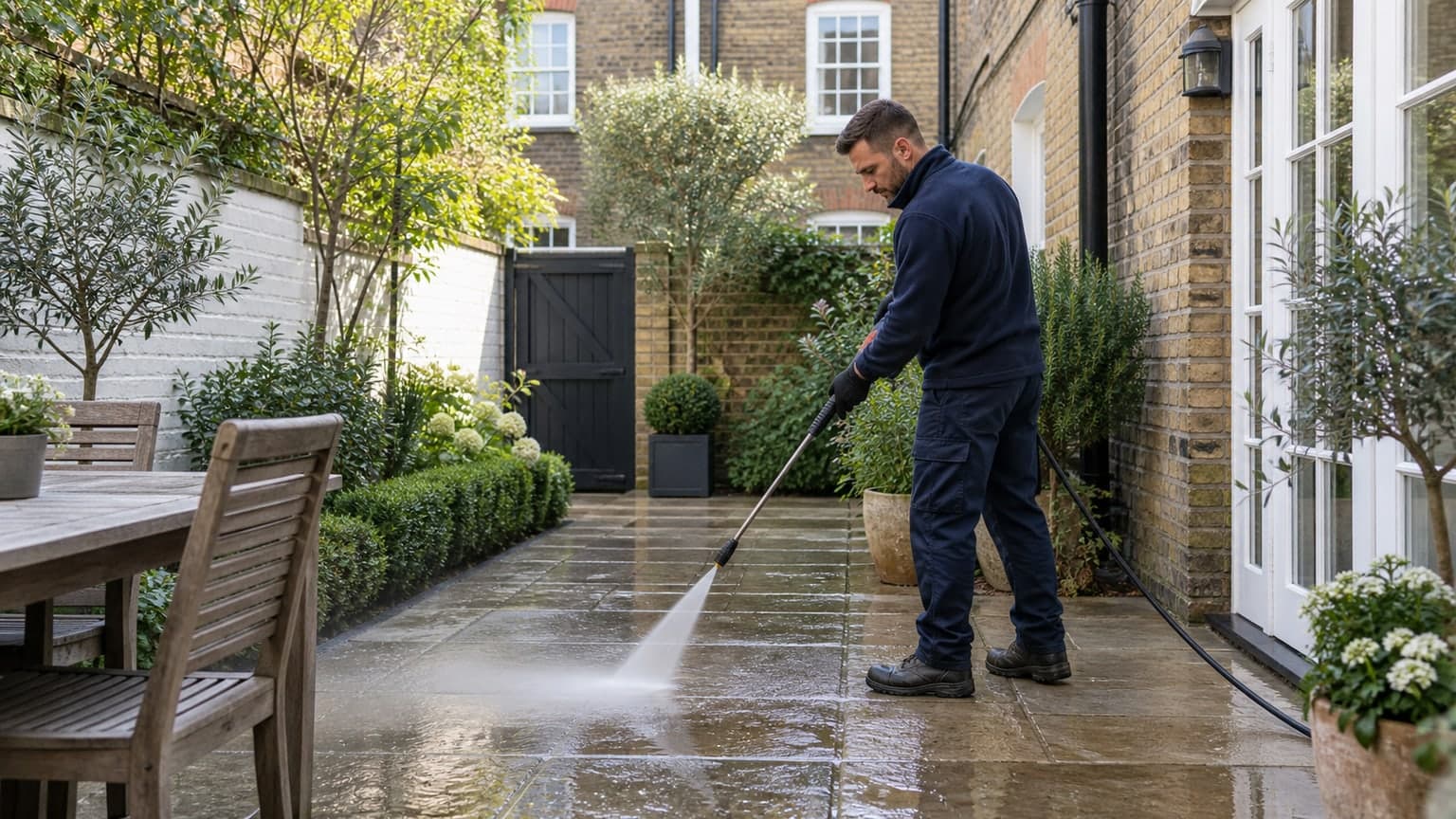 Property maintenance operative cleaning a paved courtyard