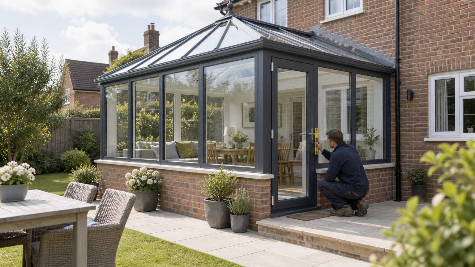 Installer checking a conservatory frame from ground level
